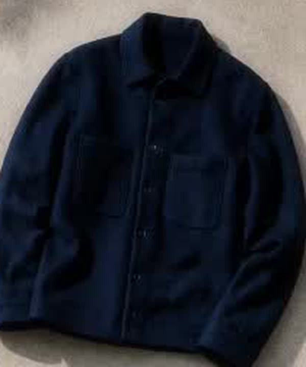 Navy overshirt with a pointed collar and patch chest pocket, laid flat